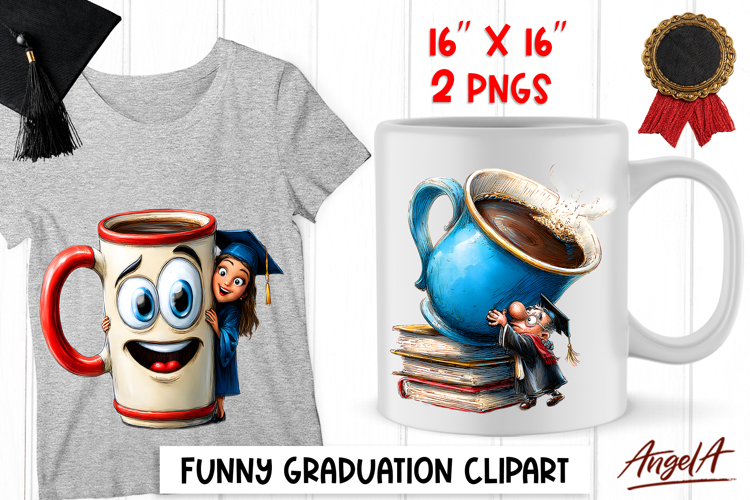 Graduation clipart Senior with big coffee mug and books