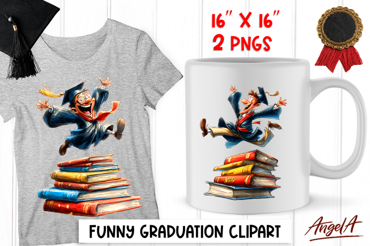 Graduation clipart Happy boy senior with cap, book stack PNG