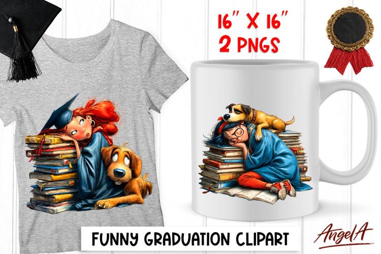 Graduation clipart Happy girl and dog on book stack PNG
