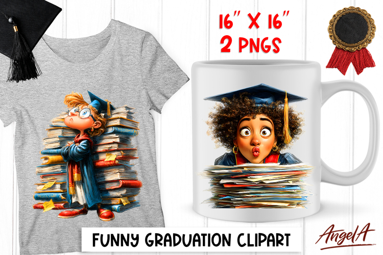 Graduation clipart girl senior and dog on book stack PNG