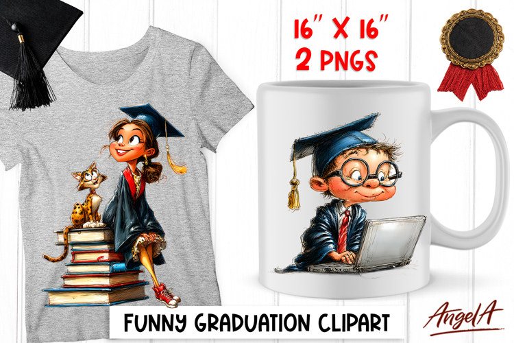 Graduation clipart Cute girl with books, boy with laptop PNG