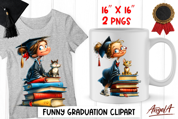 Graduation clipart Cute girl with book stack and cat PNG
