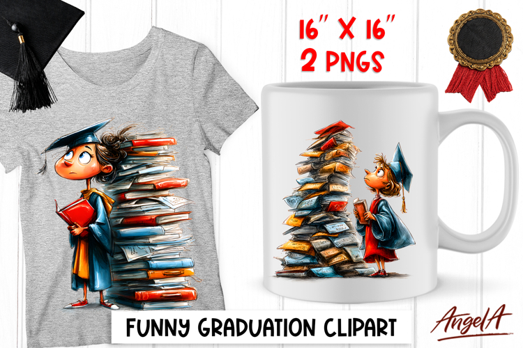 Graduation clipart Girl senior with book stack in cap PNG