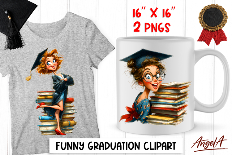 Graduation clipart Cute girl in graduation cap with books