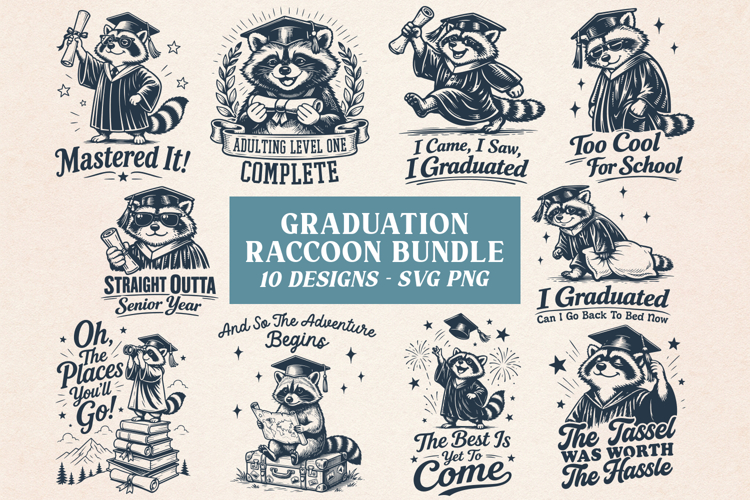 Graduation Raccoon SVG Bundle - 10 Funny Trash Panda Designs
