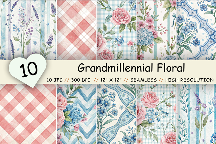 Grandmillennial Floral Digital Paper, Seamless Watercolor Vintage Pattern Pack, Printable Scrapbook Paper, Pink Blue Design Bundle