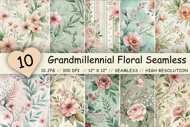 Grandmillennial Floral Seamless Digital Paper Bundle, Preppy