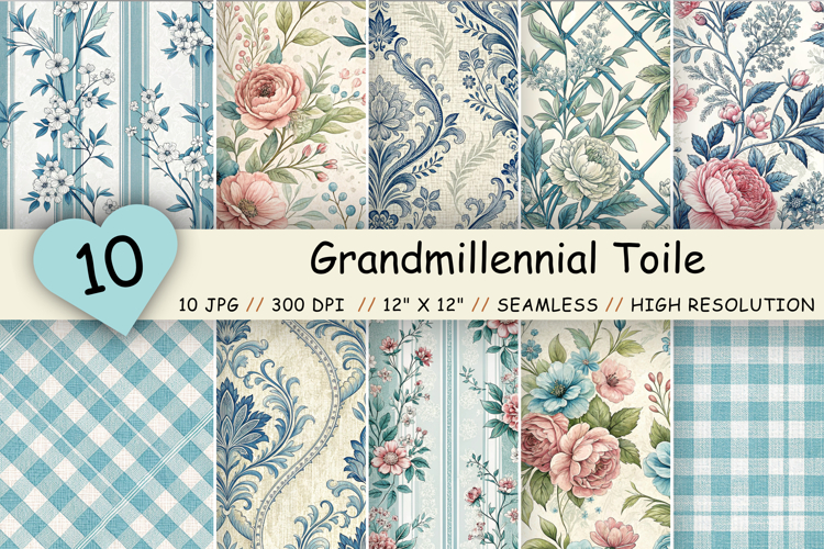 Grandmillennial Toile Digital Paper Pack, Vintage Floral