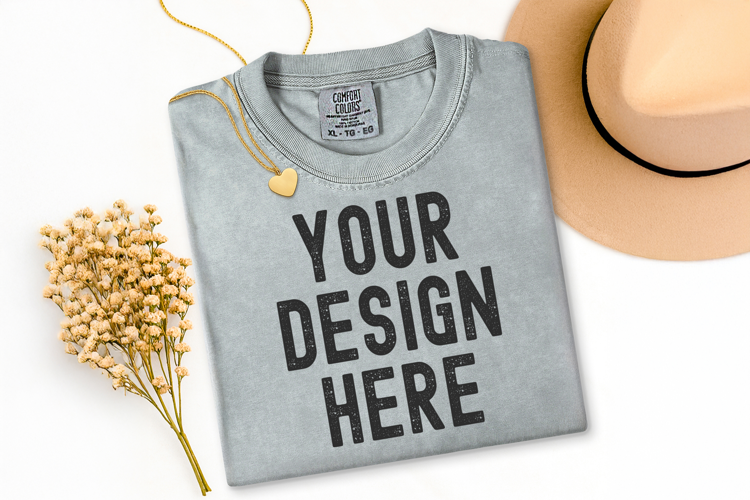 Comfort Colors C1717 Granite Shirt Mockup, Flat Lay Mockup