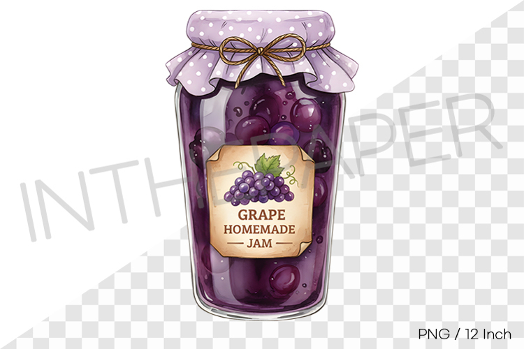 Sweet grape jam in a cute ribbon jar PNG marmalade syrup art
