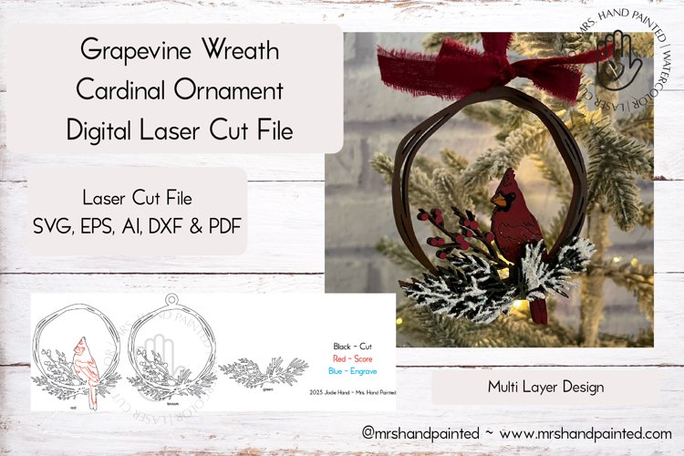 Grapevine Wreath Cardinal Ornament - Laser Cut File