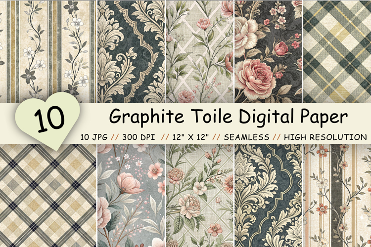 Graphite Toile Digital Paper Pack, Vintage Floral Toile