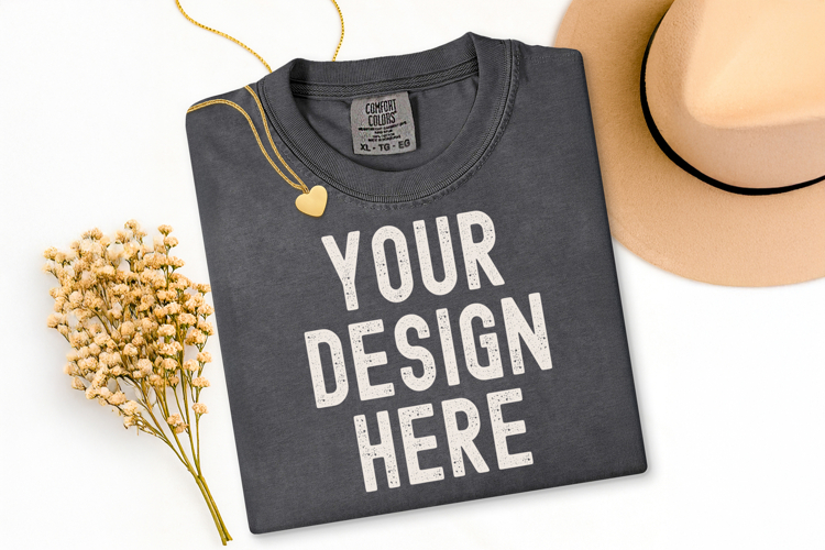 Comfort Colors C1717 Graphite Shirt Mockup, Flat Lay Mockup