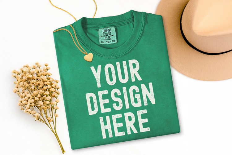 Comfort Colors C1717 Grass Shirt Mockup, Flat Lay Mockup