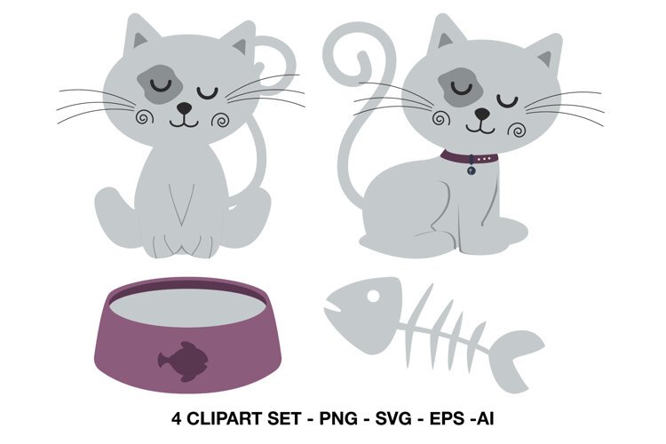 Gray cat clipart with cute kitties pet food bowl and fish skeleton