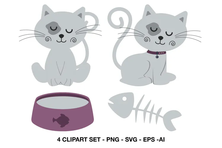 Gray Cat Clipart with Bowl and Fish