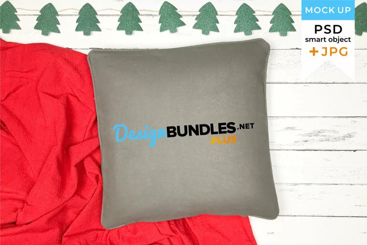 Gray Christmas pillow mockup with red blanket and garland