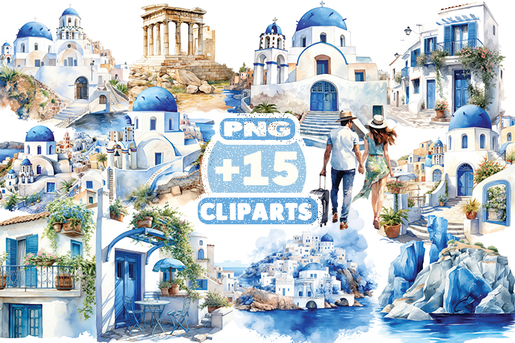 Greece Vacation Watercolor Clipart | Santorini Travel PNG |