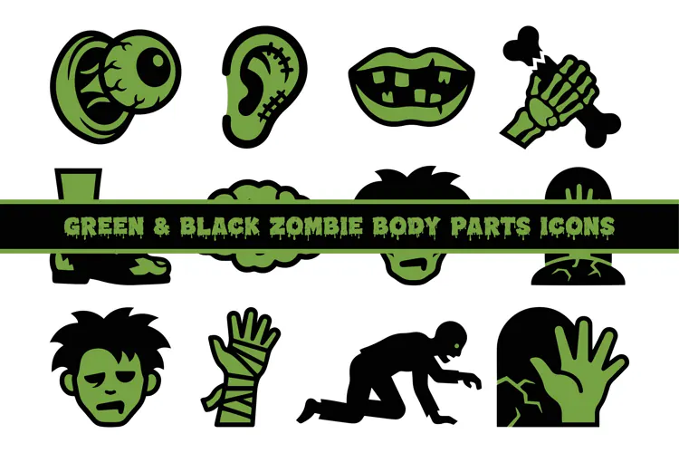 Green Black Zombie Body Parts Icons | Halloween Horror