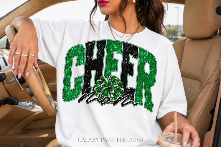Cheer Mom PNG | Green Black Glitter Pom Pom Design