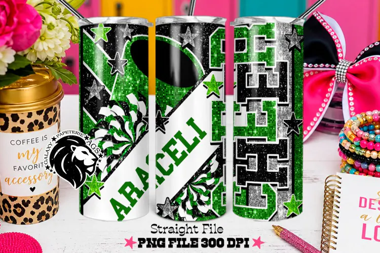 Green Black Cheer Tumbler PNG | Glitter Wrap