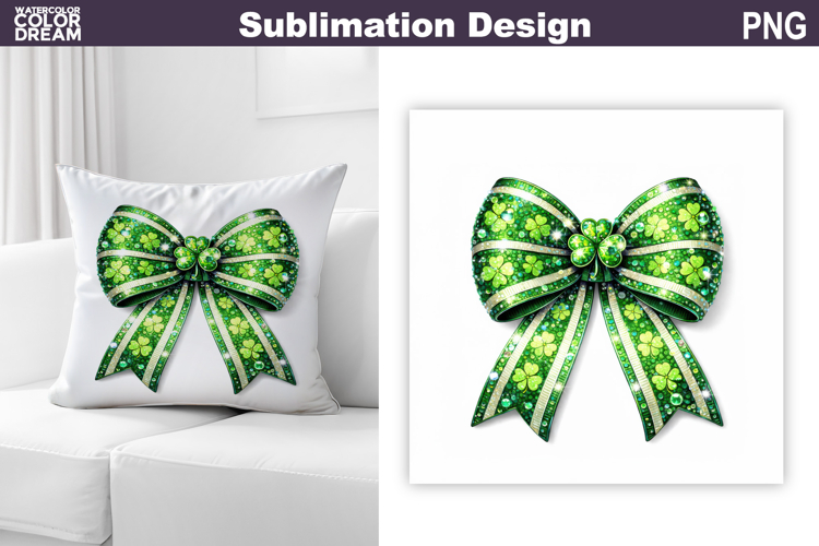 St. Patricks Pillow Design | Green Bow Clover Sublimation