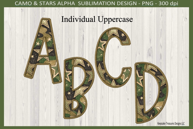 Faux Embroidery Green Camo and Stars, Sublimation Alphabet