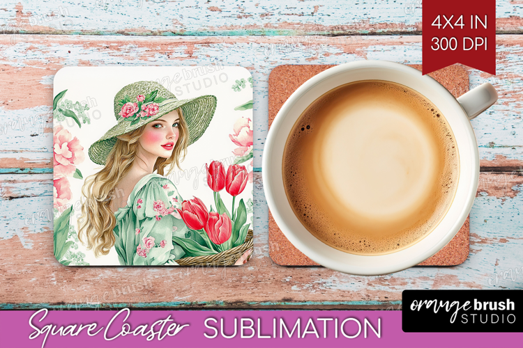 Cottagecore Square Coaster - Green Coquette Coaster PNG