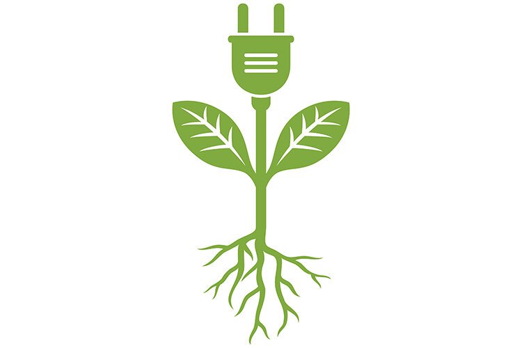 Green Energy Plug Icon. Plug Growing into Plant with Roots.