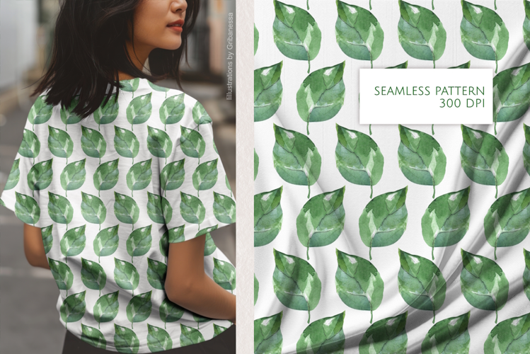 Green Essence Watercolor Leaves Seamless Pattern