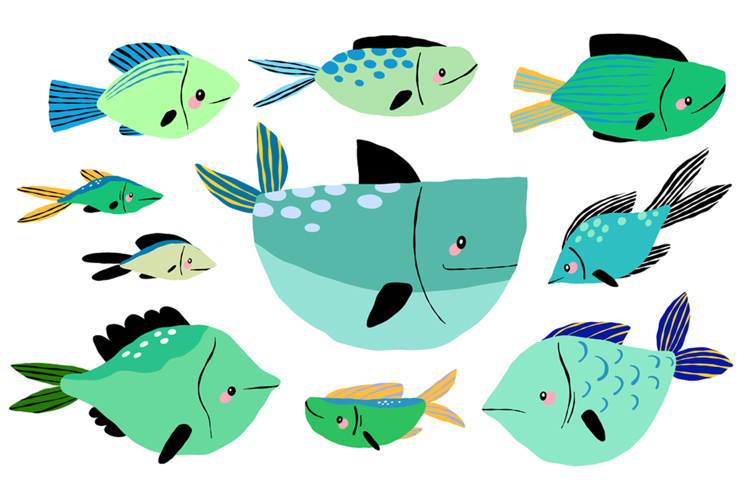 Cute Cartoon Ocean Fish Clipart, Sea Animal Set