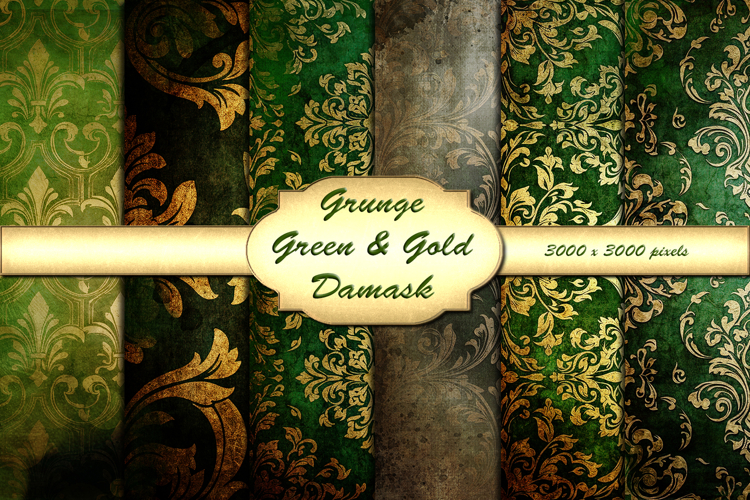 Green & Gold Grunge Damask Backgrounds