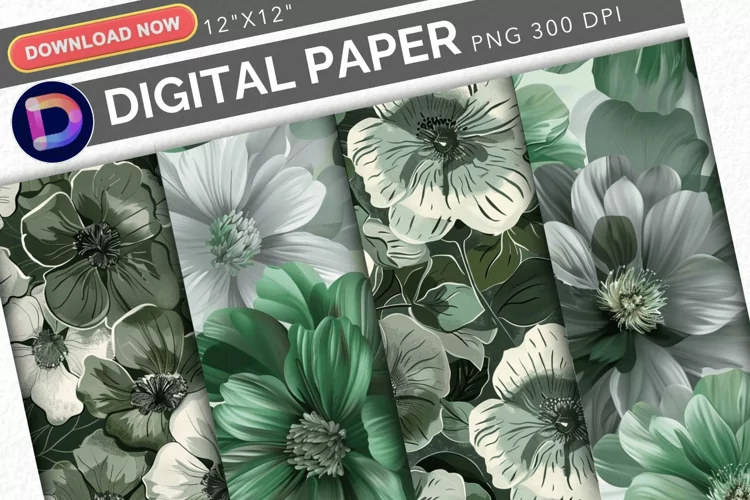 Green & Grey Flowers Digital Paper