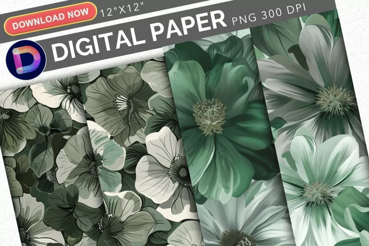 Green & Grey Flowers Digital Paper