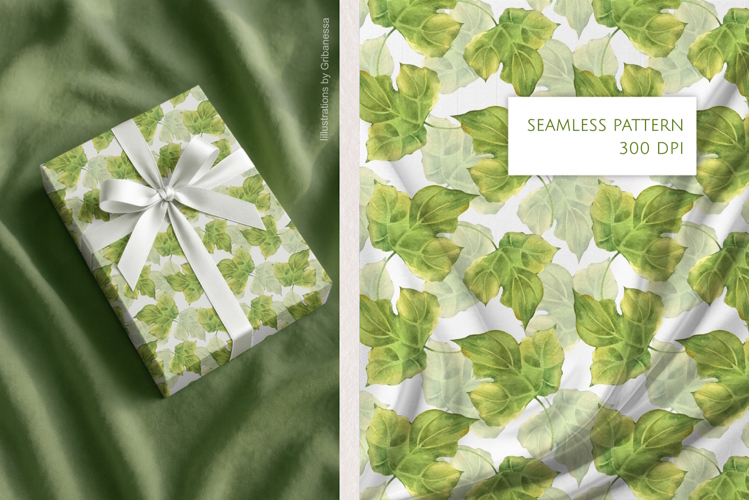 Green Ivy Leaves Watercolor Seamless Pattern