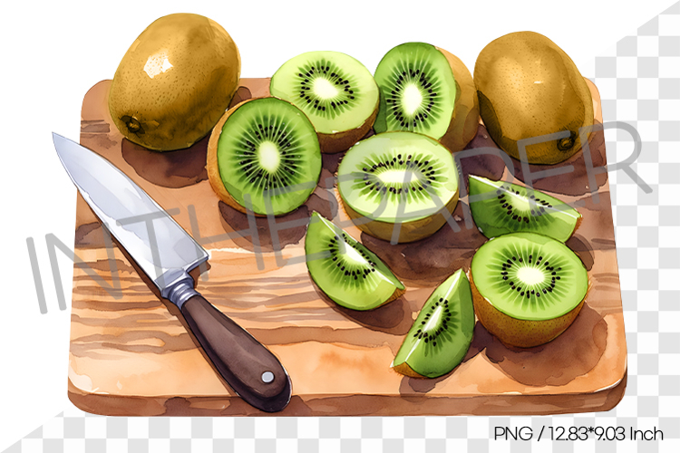Chopped Green Kiwis on Wooden Cutting Board with Knife PNG