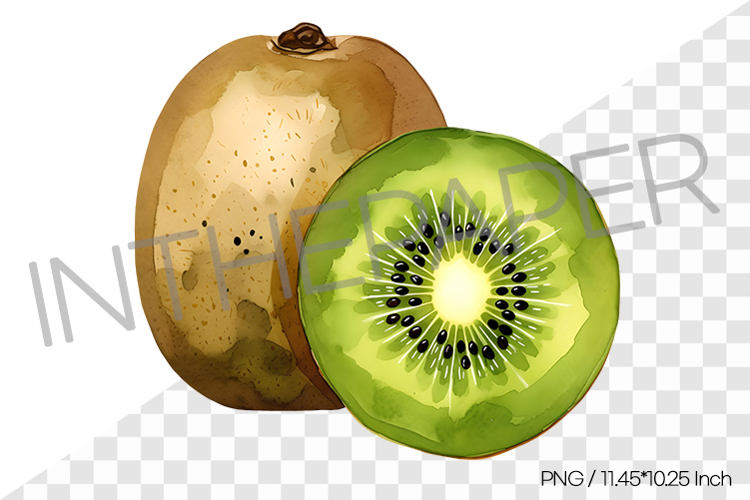 Whole and Half Cut Green Kiwi PNG Clipart Fruit Watercolor