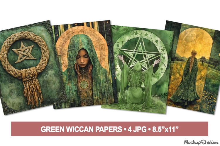 Vintage Pagan Folk Junk Journal Pages, Wiccan Green Witch