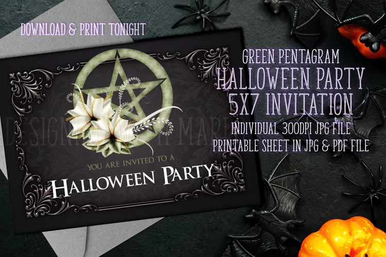 Green Pentagram Halloween Party 5x7 Printable Invitation