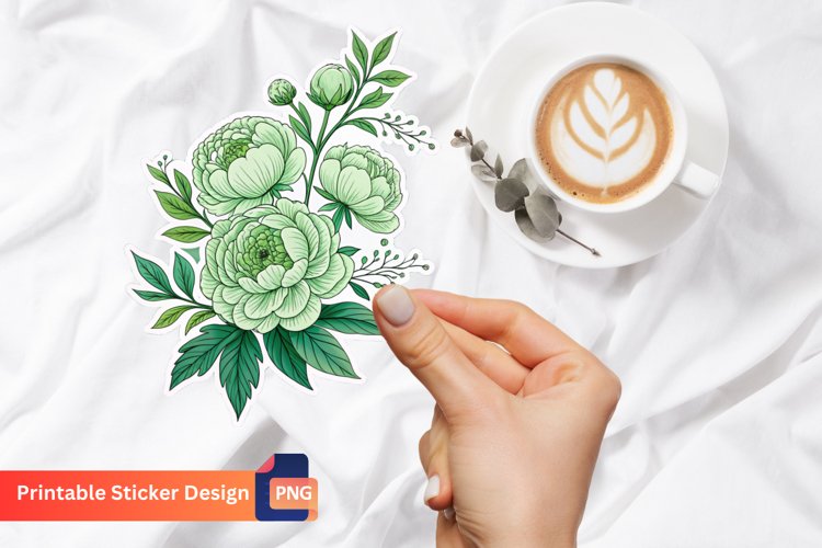 Green Peonies Flower Sticker, Botanical Peonies Sticker example image 1