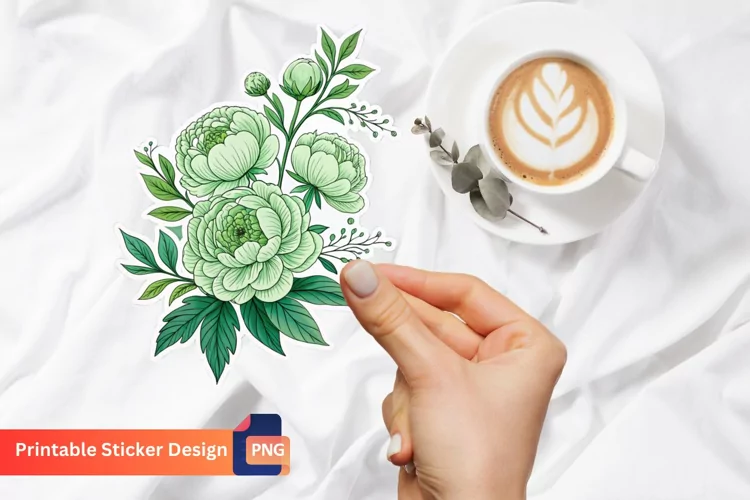 Green Peonies Flower Sticker, Botanical Peonies Sticker