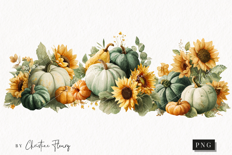 Green Pumpkins and Sunflowers Clipart | Fall Png