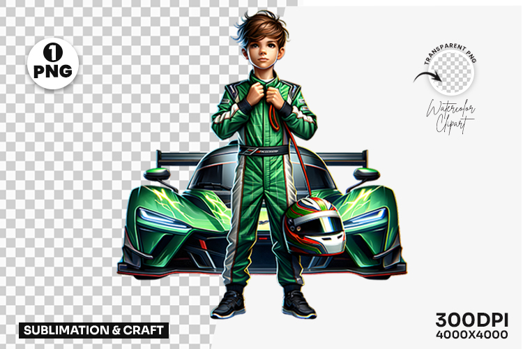 Green Race Driver with Car PNG Clipart Sublimation Design