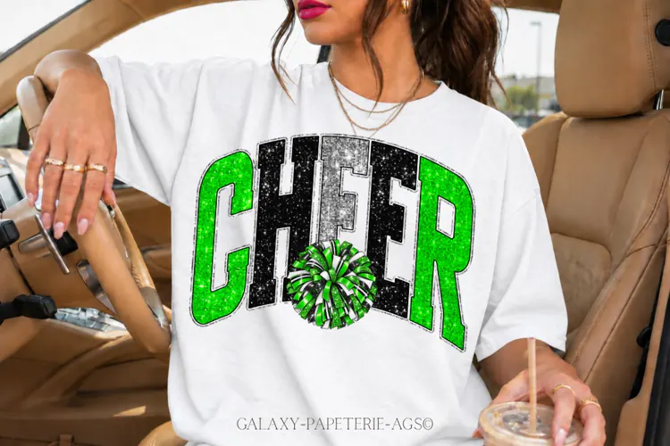 Cheer PNG | Green Silver Glitter Pom Pom Design