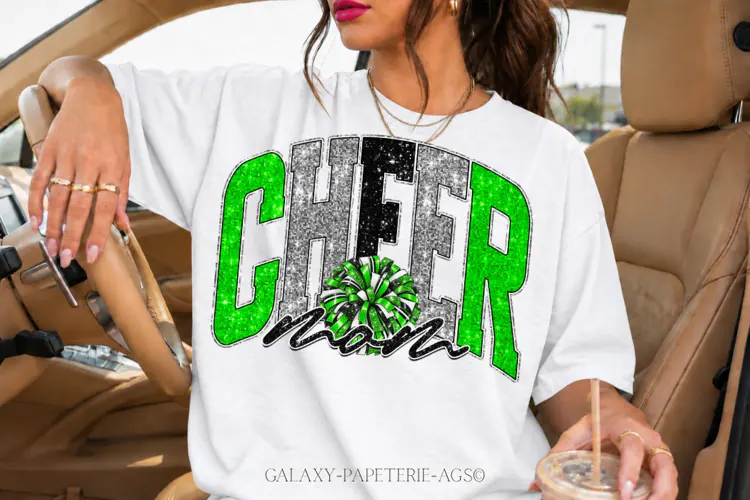 Cheer Mom PNG | Green Silver Glitter Pom Pom Design