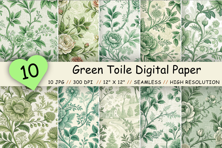 Green Toile Digital Paper, Seamless French Floral Toile