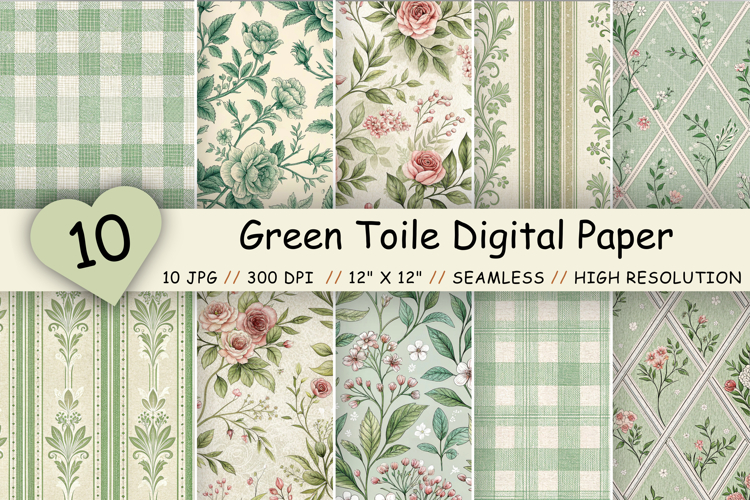 Green Toile Digital Paper Pack, Vintage Floral Toile