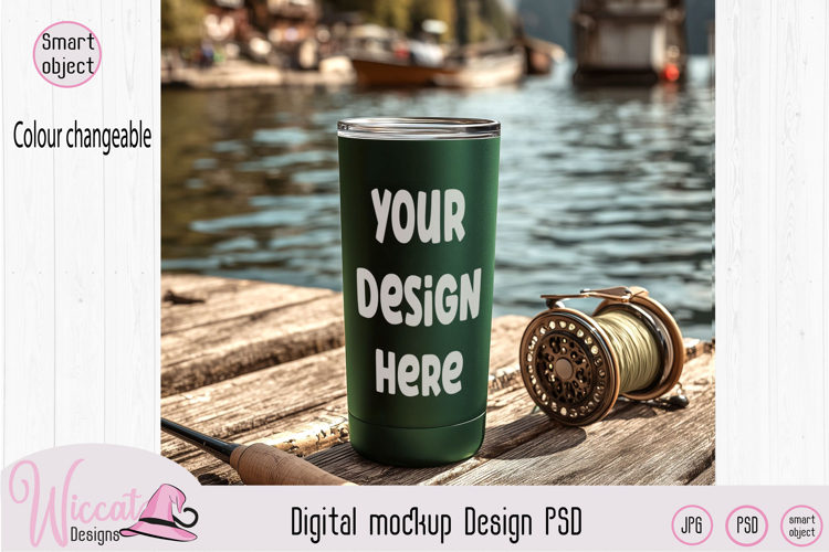 Fishing tumbler mockup PSD lake scene cup mockup outdoor tum