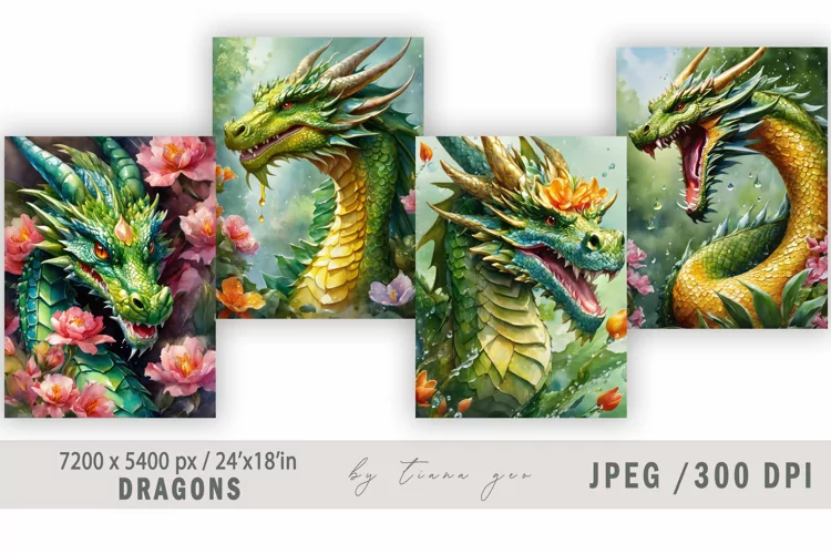 Watercolor floral dragon illustrations for prints- 4 Jpeg