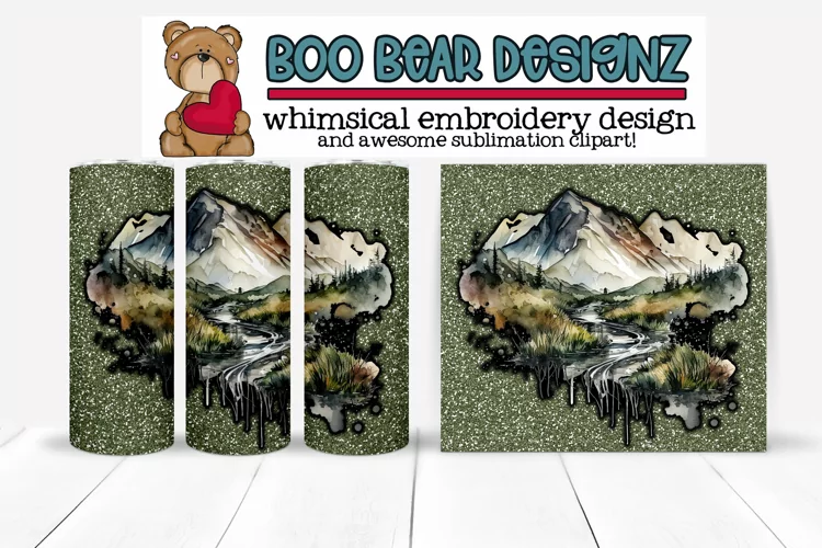 Green Watercolor Mountains Sublimation tumbler design